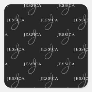 Adesivo Quadrado Nome Elegante e Monograma   Preto, Branco e Cinzas
