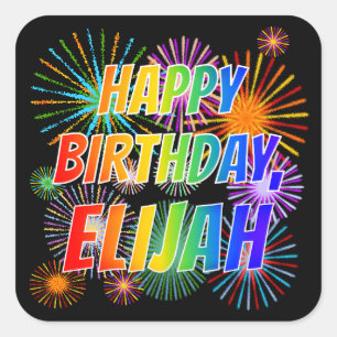 Adesivo Quadrado Nome "ELIJAH", Diversão "FELIZ ANIVERSÁRIO"