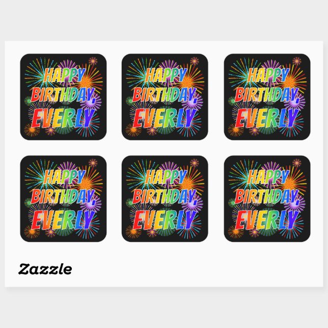 Adesivo Quadrado Nome "EVERLY", Diversão "FELIZ ANIVERSÁRIO" (Folha)