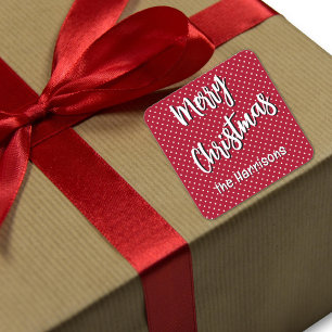 Adesivo Quadrado Nome, Feliz Natal, Bolinhas Vermelhas e Brancas