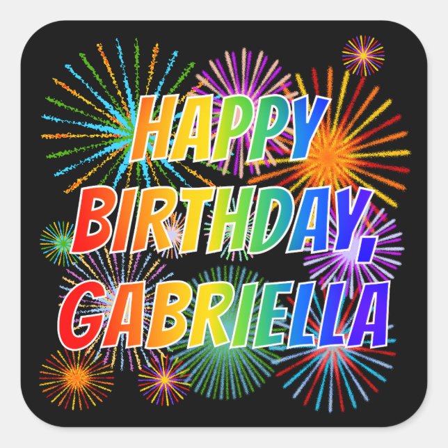 Adesivo Quadrado Nome "GABRIELLA", Diversão "FELIZ ANIVERSÁRIO" (Frente)