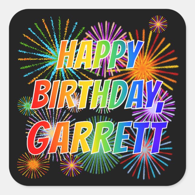 Adesivo Quadrado Nome "GARRETT", Diversão "FELIZ ANIVERSÁRIO" (Frente)