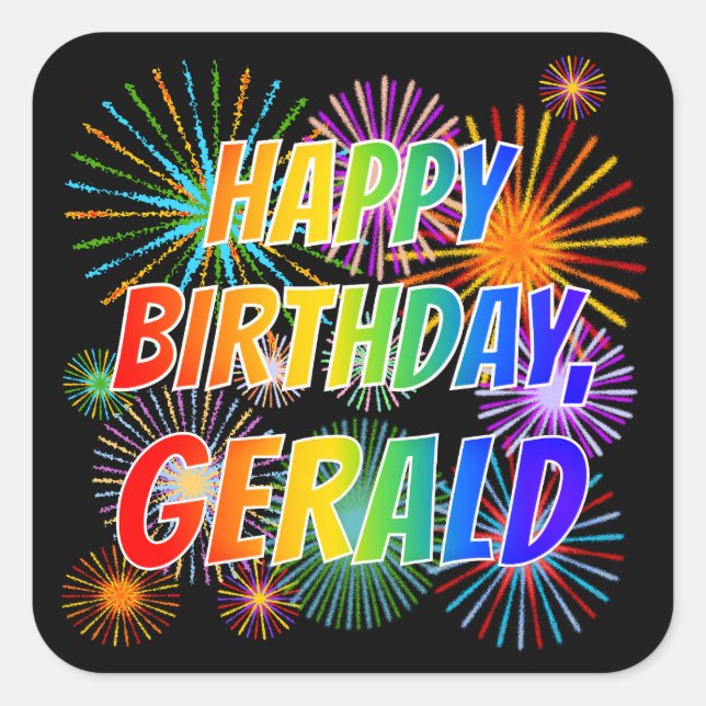 Adesivo Quadrado Nome "GERALD", Diversão "FELIZ ANIVERSÁRIO" (Frente)