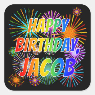 Adesivo Quadrado Nome "JACOB", Diversão "FELIZ ANIVERSÁRIO"