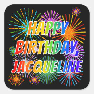 Adesivo Quadrado Nome "JACQUELINE", Diversão "FELIZ ANIVERSÁRIO"