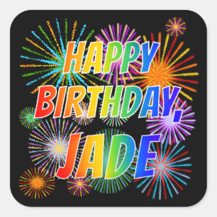 Adesivo Quadrado Nome "JADE", Diversão "FELIZ ANIVERSÁRIO"