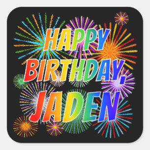 Adesivo Quadrado Nome "JADEN", Diversão "FELIZ ANIVERSÁRIO"