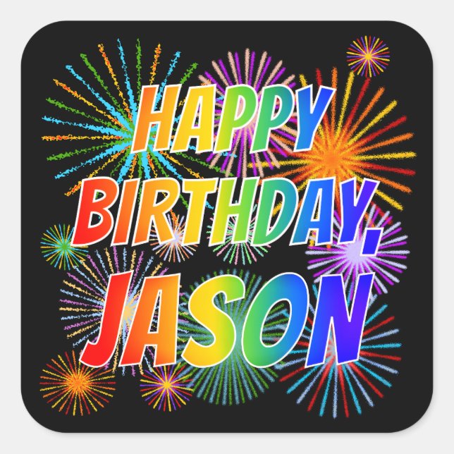 Adesivo Quadrado Nome "JASON", Diversão "FELIZ ANIVERSÁRIO" (Frente)