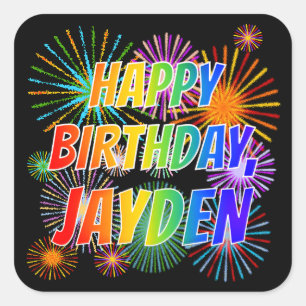 Adesivo Quadrado Nome "JAYDEN", Diversão "FELIZ ANIVERSÁRIO"