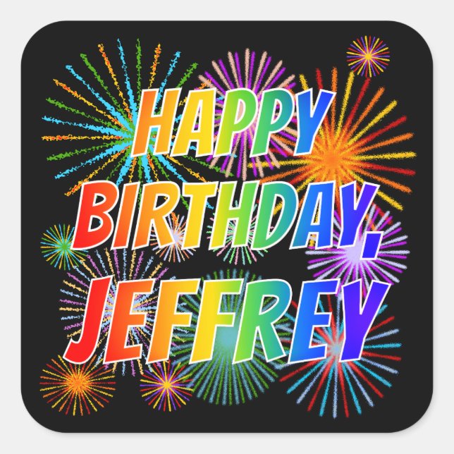 Adesivo Quadrado Nome "JEFFREY", Diversão "FELIZ ANIVERSÁRIO" (Frente)
