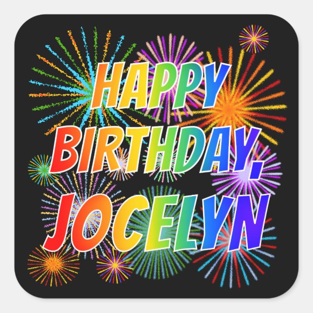 Adesivo Quadrado Nome "JOCELYN", Diversão "FELIZ ANIVERSÁRIO" (Frente)