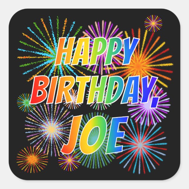 Adesivo Quadrado Nome "JOE", Diversão "FELIZ ANIVERSÁRIO" (Frente)