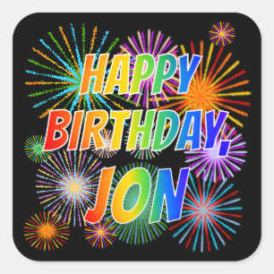 Adesivo Quadrado Nome "JON", Diversão "FELIZ ANIVERSÁRIO"