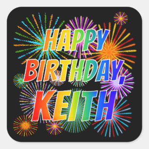 Adesivo Quadrado Nome "KEITH", Diversão "FELIZ ANIVERSÁRIO"
