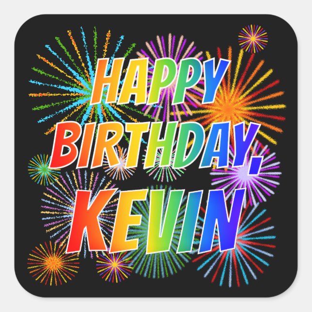 Adesivo Quadrado Nome "KEVIN", Diversão "FELIZ ANIVERSÁRIO" (Frente)