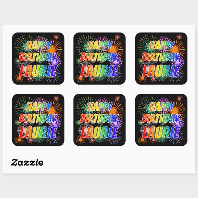 Adesivo Quadrado Nome "LAURIE", Diversão "FELIZ ANIVERSÁRIO" (Folha)