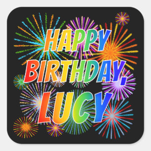 Adesivo Quadrado Nome "LUCY", Diversão "FELIZ ANIVERSÁRIO"