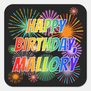 Adesivo Quadrado Nome "MALLORY", Diversão "FELIZ ANIVERSÁRIO"