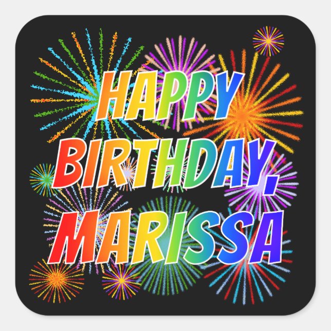 Adesivo Quadrado Nome "MARISSA", Diversão "FELIZ ANIVERSÁRIO" (Frente)