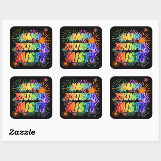 Adesivo Quadrado Nome "MISTY", Diversão "FELIZ ANIVERSÁRIO" (Folha)