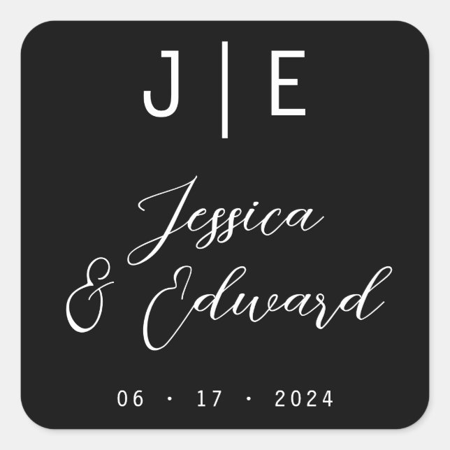 Adesivo Quadrado Nome Moderno do Casal de Script Elegante Preto do  (Frente)