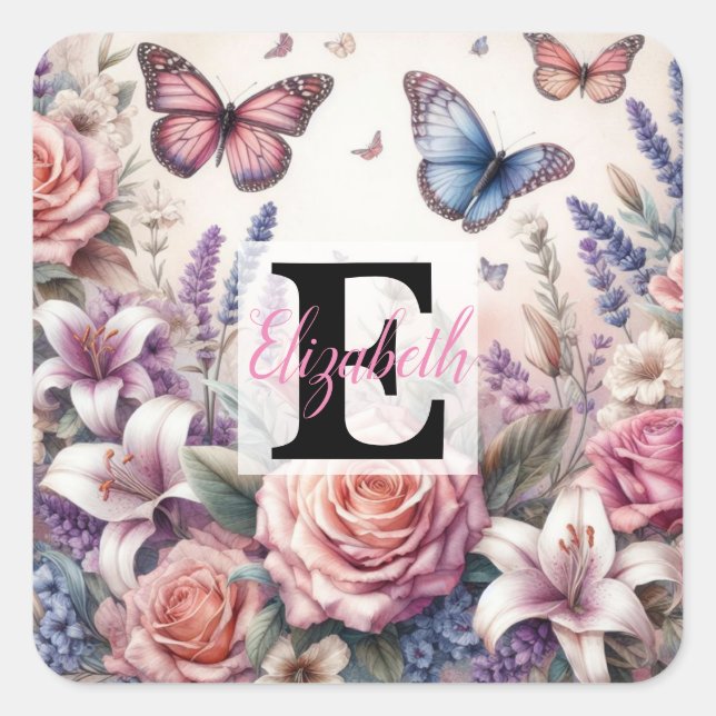 Adesivo Quadrado Nome monograma em aquarela Flores em pastos (Frente)