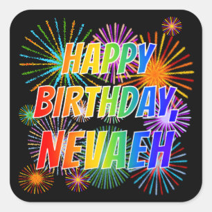 Adesivo Quadrado Nome "NEVAEH", Diversão "FELIZ ANIVERSÁRIO"