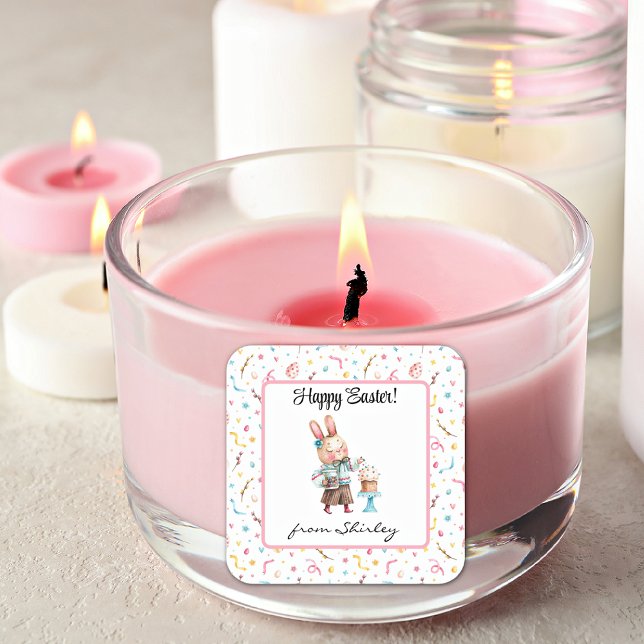 Adesivo Quadrado Nome no coelho Felz pascoa bonito de 1,5 pol (Criador carregado)