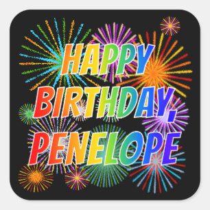 Adesivo Quadrado Nome "PENELOPE", Diversão "FELIZ ANIVERSÁRIO"