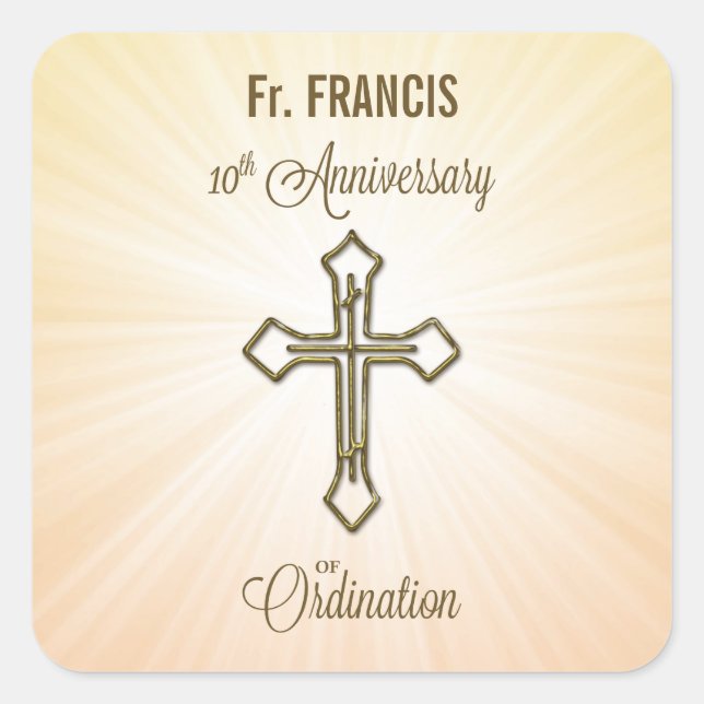 Adesivo Quadrado Nome Personalizado, 10º Aniversário da Ordenação (Frente)