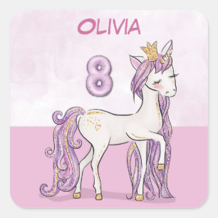 Adesivo Quadrado Nome Personalizado 8º Aniversário Cavalo Rosa co