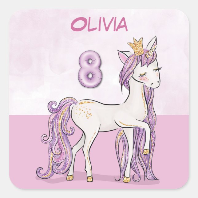 Adesivo Quadrado Nome Personalizado 8º Cavalo Rosa de Aniversário c (Frente)