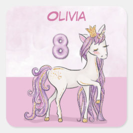 Adesivo Quadrado Nome Personalizado 8º Cavalo Rosa de Aniversário c