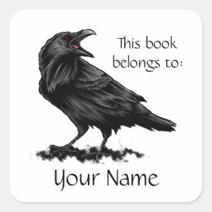 Adesivo Quadrado Nome personalizado Aquarela Raven Bird Nature Art