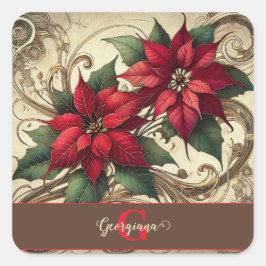 Adesivo Quadrado Nome Personalizado Art Nouveau Poinsettia de Natal