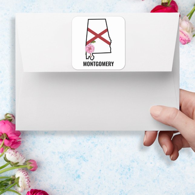 Adesivo Quadrado Nome Personalizado Bandeira do Alabama e Camélia F (Criador carregado)