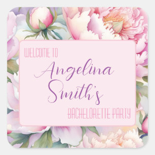 Adesivo Quadrado Nome Personalizado Blush Rosa Peônia Festa de Desp