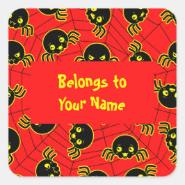 Adesivo Quadrado Nome Personalizado Bookplate Aranhas Engraçadas Ha