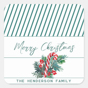 Adesivo Quadrado Nome personalizado Candy Cane & Greenery Natal