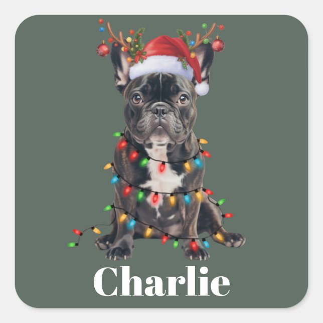Adesivo Quadrado Nome Personalizado Cão-Bulldog Francês de Natal (Frente)