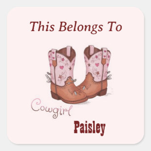 Adesivo Quadrado Nome Personalizado CowGirl Cute Inicializa Isto Pe