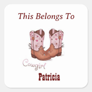 Adesivo Quadrado Nome Personalizado CowGirl Cute Inicializa Isto Pe
