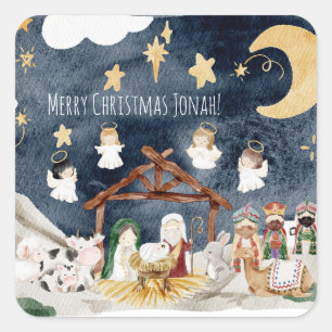 Adesivo Quadrado Nome Personalizado Crianças Cristãs Natal