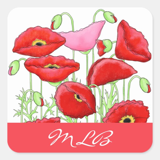 Adesivo Quadrado Nome Personalizado de Arte de Poppies Rosa Vermelh (Frente)