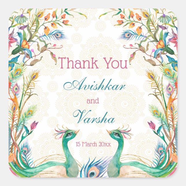 Adesivo Quadrado Nome personalizado do pavão floral azul-lacrimal (Frente)