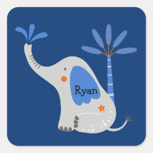 Adesivo Quadrado Nome Personalizado Elefante Fofo com Palmeira Azul