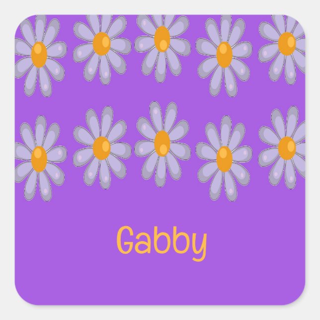 Adesivo Quadrado Nome personalizado flores azuis em roxo (Frente)