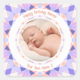 Adesivo Quadrado Nome Personalizado Foto Idade Rosa Roxo Aniversári