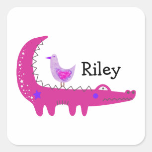 Adesivo Quadrado Nome Personalizado Jacaré e Gaivota Rosa Quente Fo