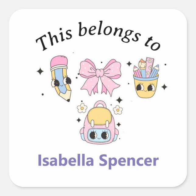 Adesivo Quadrado Nome Personalizado Menina Cute Isto Pertence A (Frente)